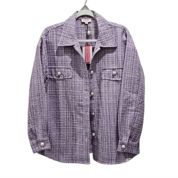 NWT Andree by Unit Boutique Cotton Shacket Size Medium Purple Plaid Tweed Jacket - Picture 1 of 17